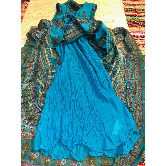 NWOT TURQUOISE SLEEVELESS BLOCK PRINT HIPPIE BOHO MAXI DRESS COTTON GAUZE - Picture 9 of 11